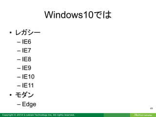 Windows10では
• レガシー
– IE6
– IE7
– IE8
– IE9
– IE10
– IE11
• モダン
– Edge 49
 