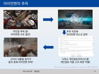 아이언맨의 추락
주인공 추락 중!
아이언맨 수트 발진!
추락 직전에
아이언맨 마스크 장착
수트는 개인정보처리시스템
개인정보 이용 고지 화면 작렬!
고지서 내용을 읽다가
동의 못해 아이언맨 추락!
출처 : http://youtu.be/mA_qV8B51xU Copyright © 마블 엔터테인먼트
워크샵 212015-06-05
 