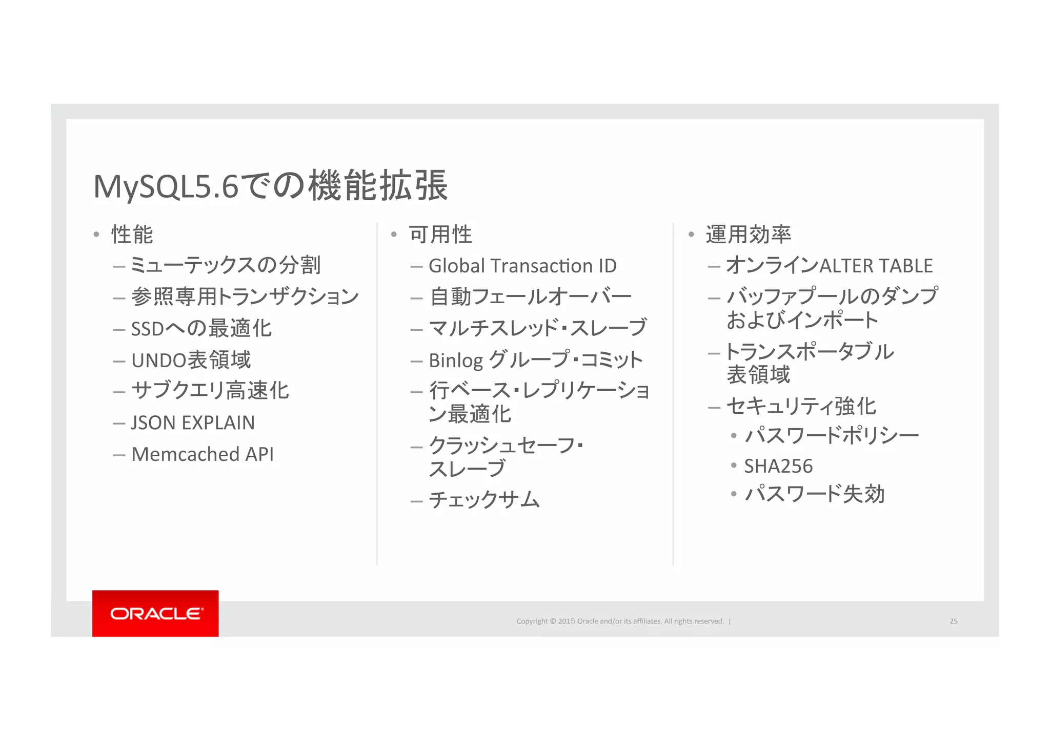 Copyright	
  ©	
  201５	
  Oracle	
  and/or	
  its	
  aﬃliates.	
  All	
  rights	
  reserved.	
  	
  |	
  
•  性能	
  
– ミューテックスの分割	
  
– 参照専用トランザクション	
  
– SSDへの最適化	
  
– UNDO表領域	
  
– サブクエリ高速化	
  
– JSON	
  EXPLAIN	
  
– Memcached	
  API	
  
•  可用性	
– Global	
  TransacIon	
  ID	
  
– 自動フェールオーバー	
  
– マルチスレッド・スレーブ	
  
– Binlog	
  グループ・コミット	
  
– 行ベース・レプリケーショ
ン最適化	
  
– クラッシュセーフ・	
  
スレーブ	
  
– チェックサム	
25	
•  運用効率	
  
– オンラインALTER	
  TABLE	
  
– バッファプールのダンプ	
  
およびインポート	
  
– トランスポータブル	
  
表領域	
  
– セキュリティ強化	
  
•  パスワードポリシー	
  
•  SHA256	
  
•  パスワード失効	
  
MySQL5.6での機能拡張	
 