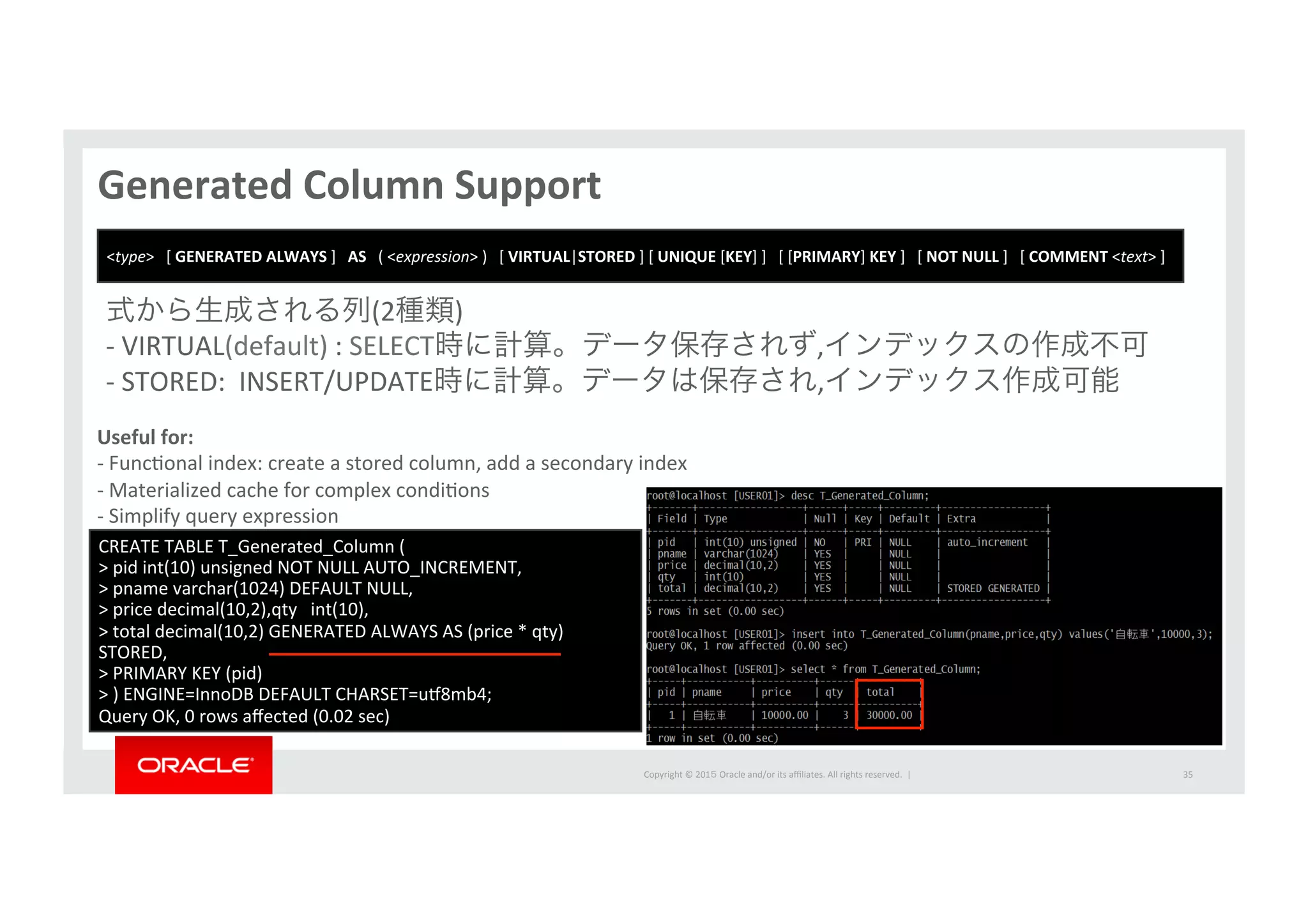 Copyright	
  ©	
  201５	
  Oracle	
  and/or	
  its	
  aﬃliates.	
  All	
  rights	
  reserved.	
  	
  |	
  
Generated	
  Column	
  Support	
  
35	
  
CREATE	
  TABLE	
  T_Generated_Column	
  (	
  
>	
  pid	
  int(10)	
  unsigned	
  NOT	
  NULL	
  AUTO_INCREMENT,	
  
>	
  pname	
  varchar(1024)	
  DEFAULT	
  NULL,	
  
>	
  price	
  decimal(10,2),qty	
  	
  	
  int(10),	
  	
  
>	
  total	
  decimal(10,2)	
  GENERATED	
  ALWAYS	
  AS	
  (price	
  *	
  qty)	
  
STORED,	
  
>	
  PRIMARY	
  KEY	
  (pid)	
  
>	
  )	
  ENGINE=InnoDB	
  DEFAULT	
  CHARSET=u•8mb4;	
  	
  
Query	
  OK,	
  0	
  rows	
  aﬀected	
  (0.02	
  sec)	
  
式から生成される列(2種類)	
  
-­‐	
  VIRTUAL(default)	
  :	
  SELECT時に計算。データ保存されず,インデックスの作成不可	
  
-­‐	
  STORED:	
  	
  INSERT/UPDATE時に計算。データは保存され,インデックス作成可能	
  
Useful	
  for:	
  	
  
-­‐	
  FuncIonal	
  index:	
  create	
  a	
  stored	
  column,	
  add	
  a	
  secondary	
  index	
  
-­‐	
  Materialized	
  cache	
  for	
  complex	
  condiIons	
  	
  
-­‐	
  Simplify	
  query	
  expression	
  
<type>	
  	
  	
  [	
  GENERATED	
  ALWAYS	
  ]	
  	
  	
  AS	
  	
  	
  (	
  <expression>	
  )	
  	
  	
  [	
  VIRTUAL|STORED	
  ]	
  [	
  UNIQUE	
  [KEY]	
  ]	
  	
  	
  [	
  [PRIMARY]	
  KEY	
  ]	
  	
  	
  [	
  NOT	
  NULL	
  ]	
  	
  	
  [	
  COMMENT	
  <text>	
  ]	
  
 
