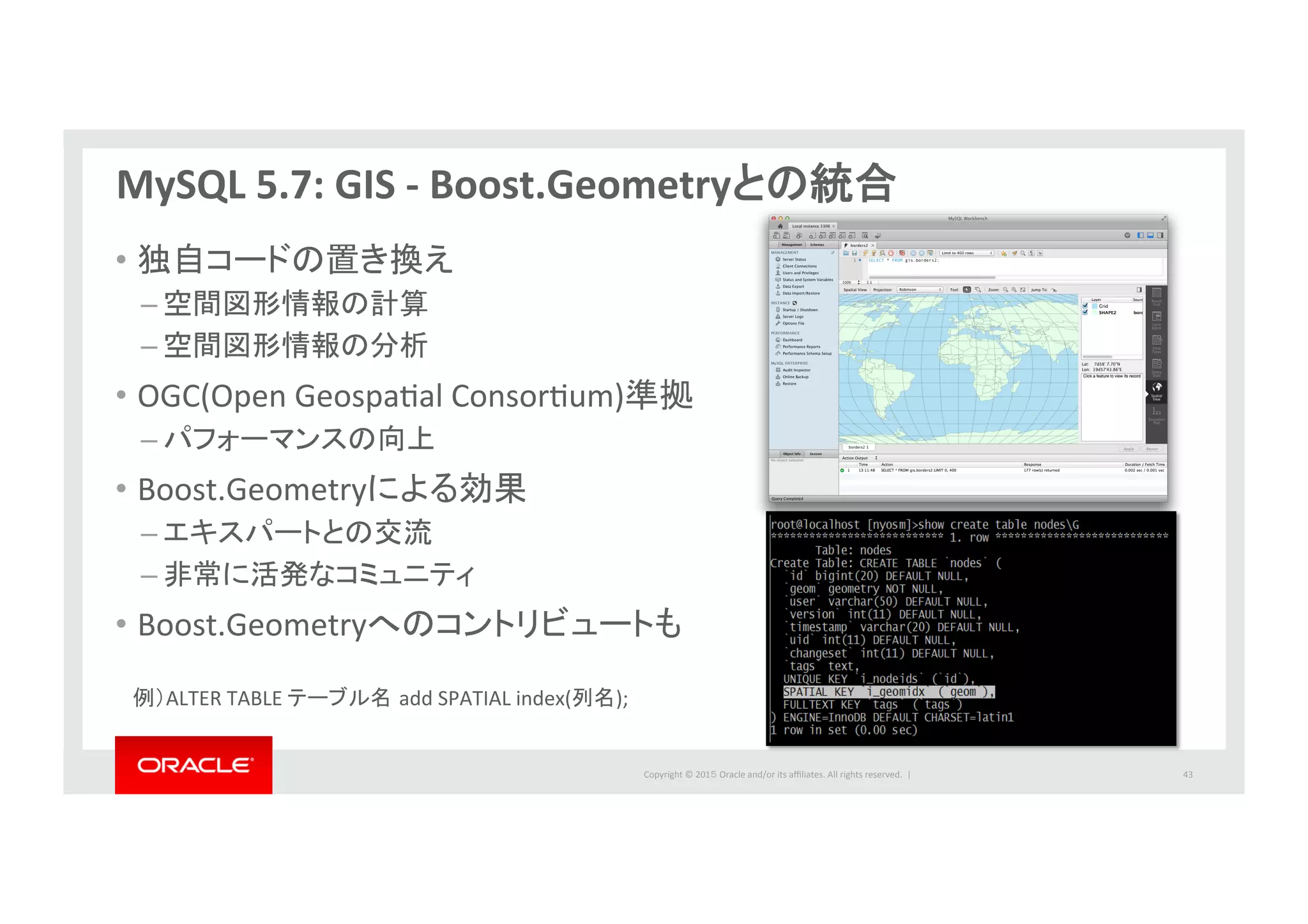 Copyright	
  ©	
  201５	
  Oracle	
  and/or	
  its	
  aﬃliates.	
  All	
  rights	
  reserved.	
  	
  |	
  
•  独自コードの置き換え	
  
– 空間図形情報の計算	
  
– 空間図形情報の分析	
  
•  OGC(Open	
  GeospaIal	
  ConsorIum)準拠	
  
– パフォーマンスの向上	
  
•  Boost.Geometryによる効果	
  
– エキスパートとの交流	
  
– 非常に活発なコミュニティ	
  
•  Boost.Geometryへのコントリビュートも	
  
MySQL	
  5.7:	
  GIS	
  -­‐	
  Boost.Geometryとの統合	
  
43	
  
例）ALTER	
  TABLE	
  テーブル名 add	
  SPATIAL	
  index(列名);	
 