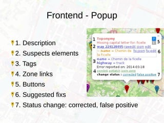 Frontend - Popup
1. Description
2. Suspects elements
3. Tags
4. Zone links
5. Buttons
6. Suggested fixs
7. Status change: corrected, false positive
 
