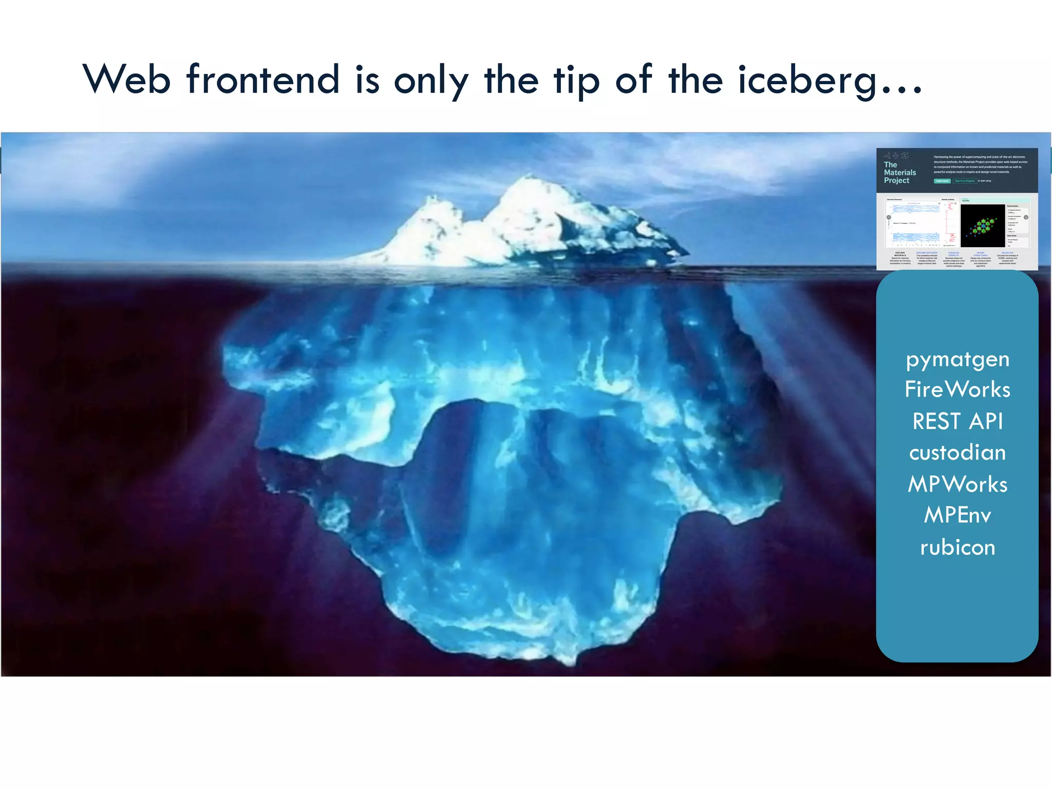 Web frontend is only the tip of the iceberg…
pymatgen
FireWorks
REST API
custodian
MPWorks
MPEnv
rubicon
 