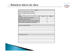 RDO
Nome do responsável do projeto:
Nome do responsável da entrega:
Data: / /
Fatores Sim Não
Condições climáticas favoráveis?
Condições para as obras
Algum problema impeditivo para atividade?
Faltou algum equipamento necessário?
Serviços concluídos hoje:
Ocorrencias do dia:
 Relatório diário de obra
 