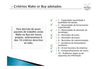  1 - Capacidade (quantidade e
qualidade) da equipe;
 2 - Necessidade de fornecimento
especializado;
 3 - Necessidade de absorção da
tecnologia;
 4 - Restrições de custo;
 5 - Restrições de prazo;
 6 - Restrições de subcontratação;
 7 - Existência de fornecedores
confiáveis;
 8 - O core business da empresa;
 9 - Compartilhamentos de riscos;
 10 - Problemas legais ou de
segurança da informação
Para decisão de quais
pacotes de trabalho serão
Make ou Buy em nosso
projeto, selecionamos 8
dos 10 critérios descritos
ao lado.
 Critérios Make or Buy adotados
 