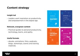 Content strategy
Insight led
- Leaders want inspiration on productivity
and empowerment in the digital age.
Relevant, evergreen content
- Practical guides to personal productivity,
technology, teams, and agility.
Useful formats
- ebooks, animations, ﬁlms, podcasts,
blogs, workshops, events and training
materials.
31
 