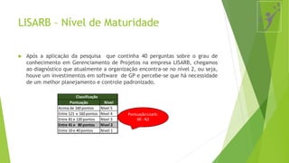 LISARB – Nível de Maturidade
 Após a aplicação da pesquisa que continha 40 perguntas sobre o grau de
conhecimento em Gerenciamento de Projetos na empresa LISARB, chegamos
ao diagnóstico que atualmente a organização encontra-se no nível 2, ou seja,
houve um investimentos em software de GP e percebe-se que há necessidade
de um melhor planejamento e controle padronizado.
Pontuação Nível
Acima de 160 pontos Nível 5
Entre 121 e 160 pontos Nível 4
Entre 81 e 120 pontos Nível 3
Entre 41 e 80 pontos Nivel 2
Entre 10 e 40 pontos Nivel 1
Classificação
PontuaçãoLisarb:
69 - N2
 