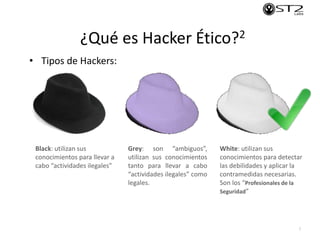 ¿Qué es Hacker Ético?2
7
• Tipos de Hackers:
Black: utilizan sus
conocimientos para llevar a
cabo “actividades ilegales”
G...