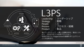 © 2014 Adobe Systems Incorporated. All Rights Reserved.
by this lyre lark
People
Process Product
StrategyLeadership
L3PSLeadership ：リーダーシップ
Strategy ：戦略
People ：人
Process ：プロセス・組織
Product ：製品
強いリーダーシップ、一貫した戦略を持ち、製品ととも
に人、プロセスの３つのPをバランスよく 
成長させることでDigital Drivenな組織を作り上げていく
ことが出来ます。
 