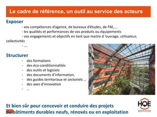12
Le cadre de référence, un outil au service des acteurs
Exposer
- vos compétences d’agence, de bureaux d’études, de FM,….
- les qualités et performances de vos produits ou équipements
- vos engagements et objectifs en tant que maitre d ’ouvrage, utilisateur,
collectivités
- ….
Structurer
- des formations
- des éco-conditionnalités
- des outils et logiciels
- des documents d’information,
- des guides territoriaux et sectoriels …
- des axes d’innovation
- …
Et bien sûr pour concevoir et conduire des projets
de bâtiments durables neufs, rénovés ou en exploitation
 