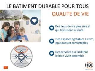 LE BATIMENT DURABLE POUR TOUS
Des services qui facilitent
le bien vivre ensemble
Des lieux de vie plus sûrs et
qui favorisent la santé
Des espaces agréables à vivre,
pratiques et confortables
QUALITE DE VIE
5
 