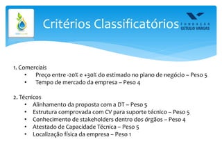 Critérios Classificatórios
1. Comerciais
• Preço entre -20% e +30% do estimado no plano de negócio – Peso 5
• Tempo de mercado da empresa – Peso 4
2. Técnicos
• Alinhamento da proposta com a DT – Peso 5
• Estrutura comprovada com CV para suporte técnico – Peso 5
• Conhecimento de stakeholders dentro dos órgãos – Peso 4
• Atestado de Capacidade Técnica – Peso 5
• Localização física da empresa – Peso 1
 