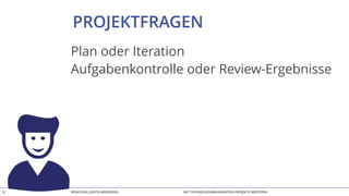 BERATUNG JUDITH ANDRESEN MIT OFFENER KOMMUNIKATION PROJEKTE MEISTERN12
PROJEKTFRAGEN
Plan oder Iteration
Aufgabenkontrolle oder Review-Ergebnisse
 