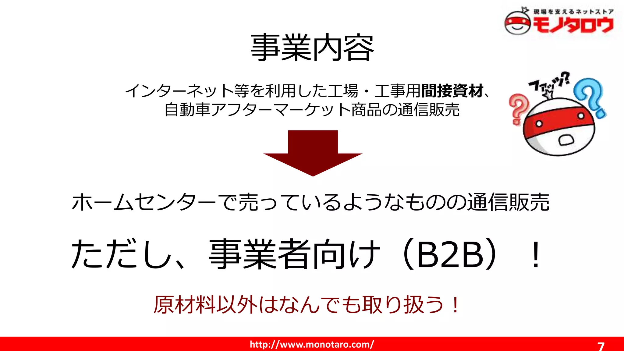 http://www.monotaro.com/
事業内容
インターネット等を利用した工場・工事用間接資材、
自動車アフターマーケット商品の通信販売
ホームセンターで売っているようなものの通信販売
ただし、事業者向け（B2B）！
原材料以外はなんでも取り扱う！
 