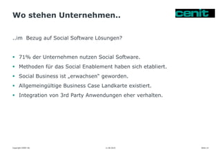 Wo stehen Unternehmen..
11.06.2015 Seite 14
..im Bezug auf Social Software Lösungen?
 71% der Unternehmen nutzen Social Software.
 Methoden für das Social Enablement haben sich etabliert.
 Social Business ist „erwachsen“ geworden.
 Allgemeingültige Business Case Landkarte existiert.
 Integration von 3rd Party Anwendungen eher verhalten.
Copyright CENIT AG
 