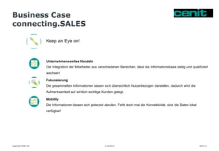 Business Case
connecting.SALES
11.06.2015 Seite 21Copyright CENIT AG
Keep an Eye on!
Unternehmensweites Handeln
Die Integration der Mitarbeiter aus verschiedenen Bereichen, lässt die Informationsbasis stetig und qualifiziert
wachsen!
Fokussierung
Die gesammelten Informationen lassen sich übersichtlich Nutzerbezogen darstellen, dadurch wird die
Aufmerksamkeit auf wirklich wichtige Kunden gelegt.
Mobility
Die Informationen lassen sich jederzeit abrufen. Fehlt doch mal die Konnektivität, sind die Daten lokal
verfügbar!
 