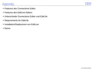 © 2014 IBM Corporation
Agenda:
■ Features des Connections Editor
■ Features des EditLive Editors
■ Unterschiede Connections Editor und EditLife
■ Requirements für EditLife
■ Installation/Deployment von EditLive
■ Demo
 