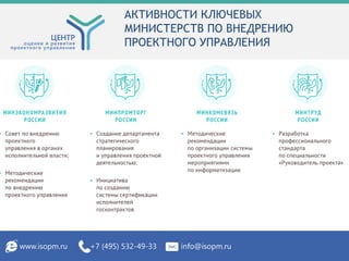АКТИВНОСТИ КЛЮЧЕВЫХ
МИНИСТЕРСТВ ПО ВНЕДРЕНИЮ
ПРОЕКТНОГО УПРАВЛЕНИЯ
www.isopm.ru +7 (495) 532-49-33 info@isopm.ru
 