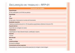 DECLARAÇÃO DE TRABALHO – RFP-01
Declaração de trabalho
Especificação
Do tipo policristalino com 50 Wp de potência
Quantidade
100
Prazo
60 dias após o fechamento do contrato de fornecimento
Qualidade requerida
Tolerância de performance de 0 a +3% da potência especificada e eficiência mínima de 15%
Suporte técnico
Supervisão de montagem em campo
Treinamento
Capacitação de 3 dias referente limpeza, substituição e reparos.
Garantia
15 anos
Manutenção
Anual
Local da entrega
No local de instalação
Fornecimento de itens especiais
Necessidade da inclusão de ferramentas especiais de montagem e desmontagem
 