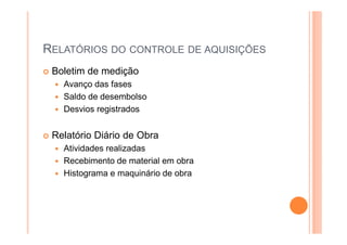 RELATÓRIOS DO CONTROLE DE AQUISIÇÕES
Boletim de medição
Avanço das fases
Saldo de desembolso
Desvios registrados
Relatório Diário de Obra
Atividades realizadas
Recebimento de material em obra
Histograma e maquinário de obra
 