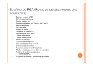 SUMÁRIO DO PGA (PLANO DE GERENCIAMENTO DAS
AQUISIÇÕES)
1. Quem é a empresa DIPER
2. EAP – Projeto SolarTechne
3. Critérios “make or buy”
4. Definição dos pacotes “buy” Tipo A e “buy” Tipo B
5. Mapa de aquisições
6. EAP (Revisada)
7. Registro de Riscos
8. Declaração de trabalho – DT
9. EAP de contrato “buy” Tipo A
10. Critérios eliminatórios
11. Critérios classificatórios
12. Sistema de pontuação
13. Documentação de aquisição
14. Meio adotado para enviar o convite
15. Definição do tipo de contrato
16. Fluxograma para a concorrência privada
17. Atitudes e fiscalização para controlar as aquisições
18. Relatórios de controle das aquisições
1. Boletim de medição
2. Relatório diário de obra
19. Fluxograma de controle e encerramento do contrato
 