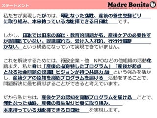 ステートメント【「社会を変える計画」ステートメント】
私たちが実現したいのは、⺟⺟となった⼥⼥⼥性が 、産後の養⽣⽣とリ
ハ
ビリ
に取り組み、本来持っている⼒⼒⼒を
発
揮できる⽇⽇本社
会
です。
しかし、⽇⽇本では旧来の⽂⽂化
的
・教育的問題から、産後ケアの必要性
が認識識さ
れ
ていない。認識識され
て
も、受け⼊⼊れられ
ず
、⾏⾏⾏動に結び
つ
かない、という構造になっていて実現できていません。
これを解決するためには、⾏⾏⾏政
・
企業・他 NPOなどの他組織の活動を
踏まえ、私たちは「産後の⼼⼼⾝⾝ に 特
化
したプログラム」「産後が起点
となる社会問題の認識識」
「
ビジョンが持つ共感⼒⼒⼒」 という強みを活か
し、産後ケアの認知を⾼⾼め
、
プログラムを届ける 活動をすることで、
問題解決に最も貢献することができると考えています。
だから私たちは、産後ケアの認知を⾼⾼め
、
プログラムを届ける ことで、
⺟⺟となった⼥⼥⼥性
が
、産後の養⽣⽣とリ
ハ
ビリに取り組み、
本来持っている⼒⼒⼒を
発
揮できる⽇⽇本社
会
を実現します。
76
 