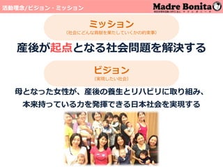 ミッション
（社会にどんな貢献を果たしていくかの約束事）
産後が起点となる社会問題を解決する
ビジョン
（実現したい社会）
母となった女性が、産後の養生とリハビリに取り組み、
本来持っている力を発揮できる日本社会を実現する
活動理念/ビジョン・ミッション
 