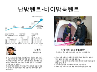 난방텐트-바이맘룸텐트
“몇 년 전 누나가 주택으로 이사를 갔는데 20년이 넘은 집이
라 단열이 잘 안돼 조카들이 감기를 달고 살았습니다. 취미로
재봉기술을 익혔던 어머니가 누빔이불 원단으로 전통모기장
형태의 난방텐트를 만들었는데, 이불을 덮지 않고도 따뜻한
겨울을 보낼 수 있었죠.
우리나라에만 130만의 에너지빈곤가구가 있고, 난방유, 난방
비, 연탄 등의 정부지원만으로는 근본적인 문제해결이 불가
능하더군요.”
김민욱
바이맘대표
• 난방텐트를 사용하면 겨울철 실내온도를 4도 올려주는 효과가
있어 월 8만 원가량의 난방비를 절감가능
• 보일러 사용을 줄이면서 지구온난화의 주범인 이산화탄소의 발생
량을 줄이는 효과
• 2012년 설립 이후 2014년까지 매출액 10억원 돌파
• 사회적기업 최초로 호주에 제품 400개(5000만원 상당) 수출
난방텐트 ‘바이맘룸텐트’
국내 최초, 국내 유일 면(TC)원단 난방텐트 ‘바이맘룸텐트’
 