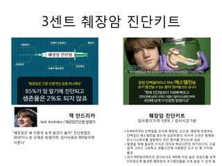 3센트 췌장암 진단키트
“췌장암은 왜 이렇게 늦게 발견이 될까? 진단방법은
60년이나 된 오래된 방법이며, 검사비용은 800달러에
이른다”
잭 안드리카
Jack Andraka /췌장암진단법발명가
• 8,000여개의 단백질을 조사해 췌장암, 난소암, 폐암에 반응하는
단백질인 메소텔린을 찾는데 성공하였다. 뒤이어 소년은 항체와
탄소나노튜브를 결합해서 진단 종이를 만드는데 성공
• 발명을 위해 필요한 지식은 인터넷 백과사전인 위키피디아, 구글
검색 그리고 고등학교 생물시간에 사용했던 도구 단 몇 가지에
불과
• 과거 800달러짜리의 검사보다도 400배 이상 높은 민감도를 보여
15%정도에 불과한 췌장암의 조기발견율을 크게 높일 수 있게 됨.
췌장암 진단키트
검사종이가격 3센트 / 검사시간 5분
 