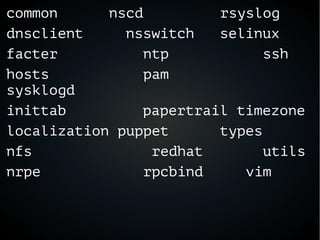 common nscd rsyslog
dnsclient nsswitch selinux
facter ntp ssh
hosts pam
sysklogd
inittab papertrail timezone
localization puppet types
nfs redhat utils
nrpe rpcbind vim
 