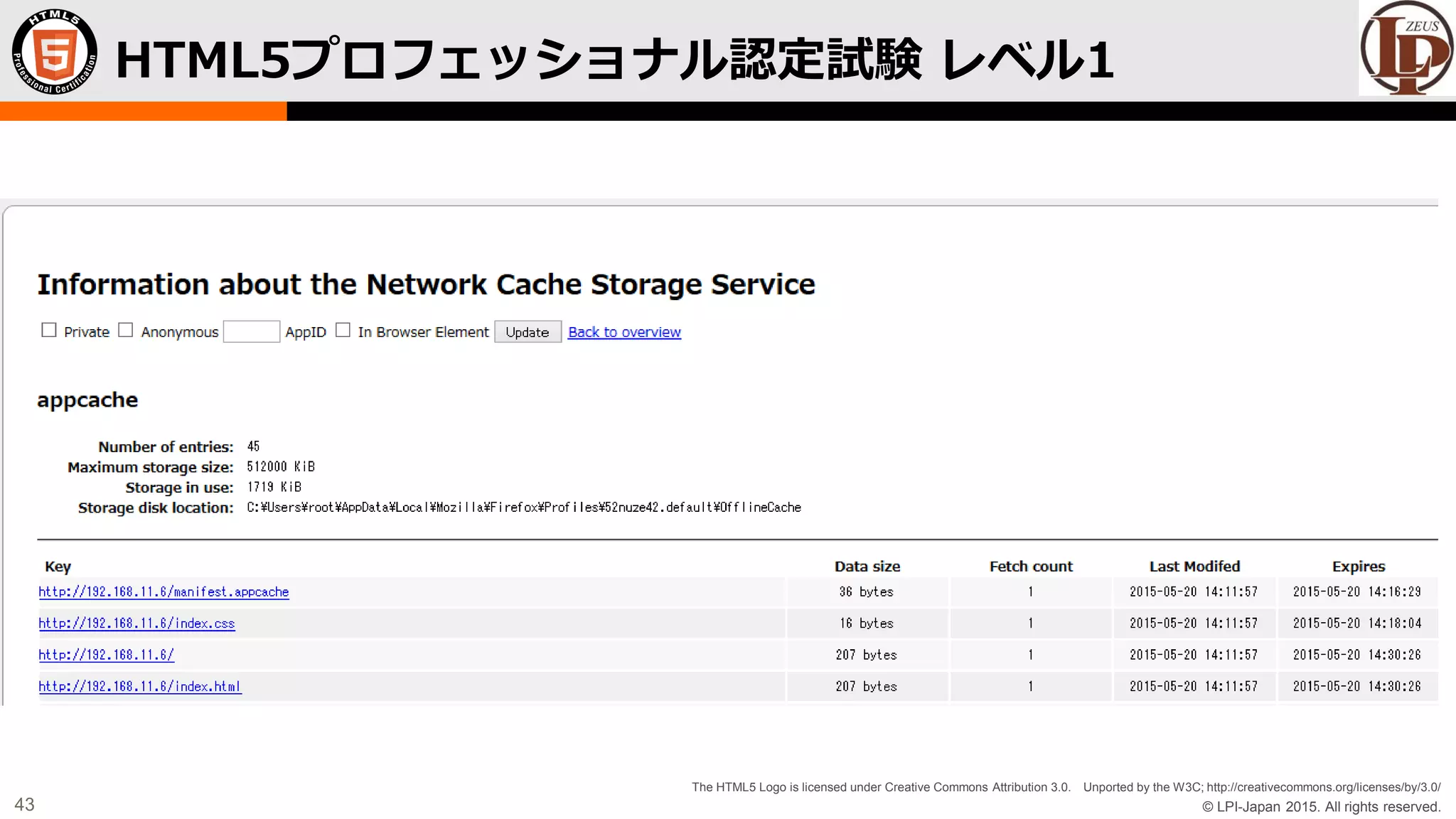 © LPI-Japan 2015. All rights reserved.
The HTML5 Logo is licensed under Creative Commons Attribution 3.0. Unported by the W3C; http://creativecommons.org/licenses/by/3.0/
43
HTML5プロフェッショナル認定試験 レベル1
 