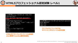 © LPI-Japan 2015. All rights reserved.
The HTML5 Logo is licensed under Creative Commons Attribution 3.0. Unported by the W3C; http://creativecommons.org/licenses/by/3.0/
40
HTML5プロフェッショナル認定試験 レベル1
HTML内でマニフェストファイルを指定
(html要素でmanifest属性を指定)
マニフェストファイルでは、
キャッシュするファイル名を記載
 
