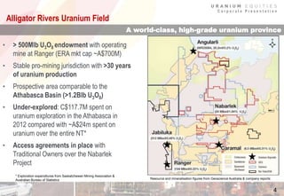 C o r p o r a t e P r e s e n t a t i o n
4
A world-class, high-grade uranium province
Resource and mineralisation figures from Geoscience Australia & company reports
* Exploration expenditures from Saskatchewan Mining Association &
Australian Bureau of Statistics
Alligator Rivers Uranium Field
• > 500Mlb U3O8 endowment with operating
mine at Ranger (ERA mkt cap ~A$700M)
• Stable pro-mining jurisdiction with >30 years
of uranium production
• Prospective area comparable to the
Athabasca Basin (>1.2Blb U3O8)
• Under-explored: C$117.7M spent on
uranium exploration in the Athabasca in
2012 compared with ~A$24m spent on
uranium over the entire NT*
• Access agreements in place with
Traditional Owners over the Nabarlek
Project
 
