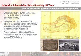 C o r p o r a t e P r e s e n t a t i o n
Nabarlek – A Remarkable History Spanning +40 Years
5
One of Australia’s great exploration and mining stories…
• Originally discovered by Queensland Mines
in 1970 by following up an intense
radiometric anomaly
• High-grade find captured international
attention and sparked a share market frenzy
for Queensland Mines and its parent
company, Kathleen Investments
• Following discovery, Queensland Mines
shares soared from $7.20 in August 1970 to
a peak of $46 in October.
 