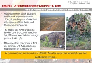 C o r p o r a t e P r e s e n t a t i o n
Nabarlek – A Remarkable History Spanning +40 Years
• Queensland Mines began developing
the Nabarlek property in the early
1970s, closing long-term off-take deals
with Japanese utilities Kyushu and
Shikoku Electric Power Co
• The deposit was mined by open cut
between June and October 1979, with
546,437t of ore extracted at an average
grade of 1.84% U3O8
• Milling operations commenced in 1980
and continued until 1988, resulting in
the production of 11,084t of U3O8
6
One of Australia’s great exploration and mining stories…
At the current spot uranium price of US$35/lb, Nabarlek would have generated more than
A$1 billion in revenue…
 