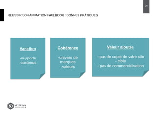 REUSSIR SON ANIMATION FACEBOOK : BONNES PRATIQUES
29
Variation
-supports
-contenus
Cohérence
-univers de
marques
-valeurs
Valeur ajoutée
- pas de copie de votre site
- cible
- pas de commercialisation
 