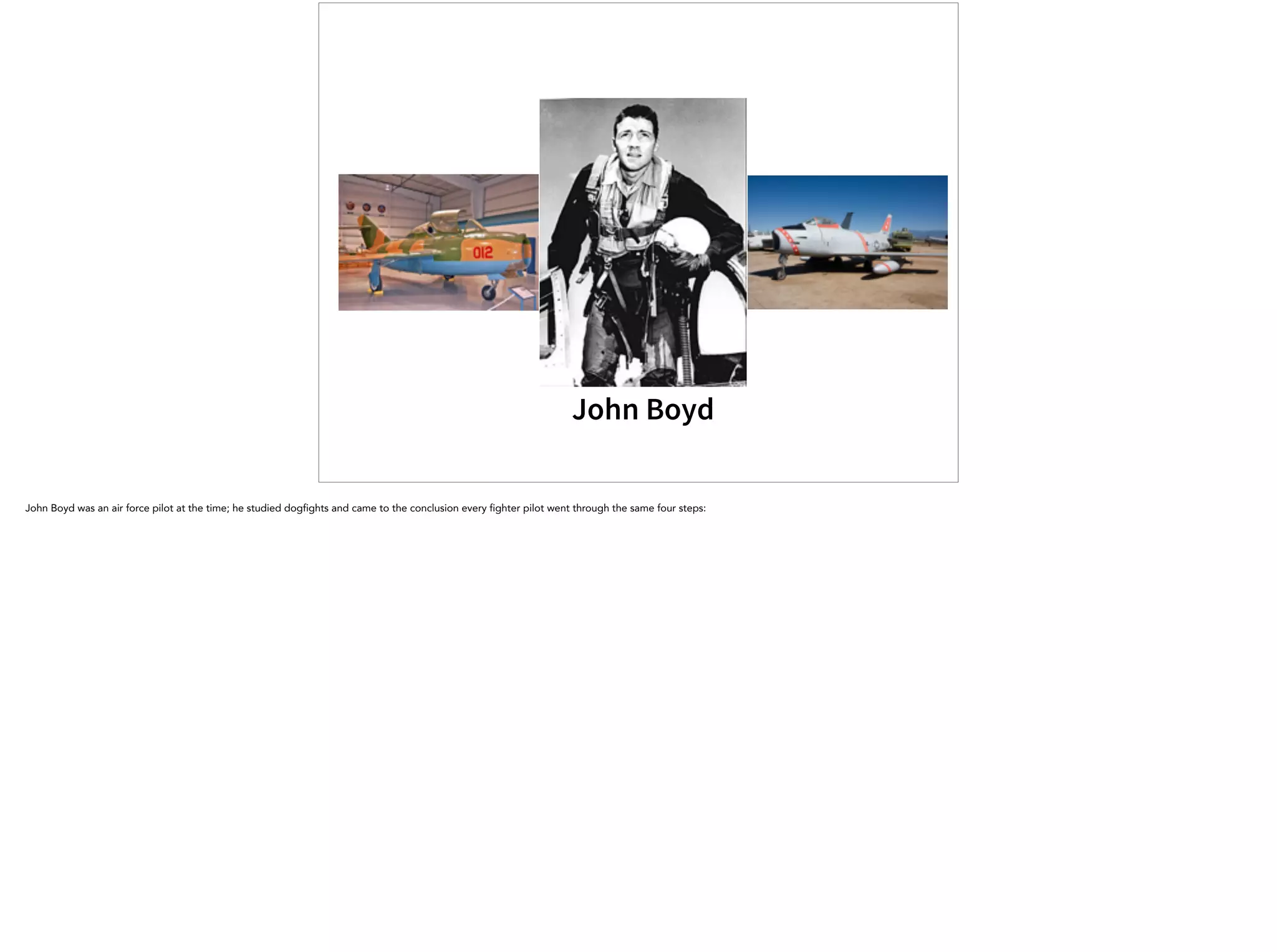 John Boyd
John Boyd was an air force pilot at the time; he studied dogfights and came to the conclusion every fighter pilot went through the same four steps:
 