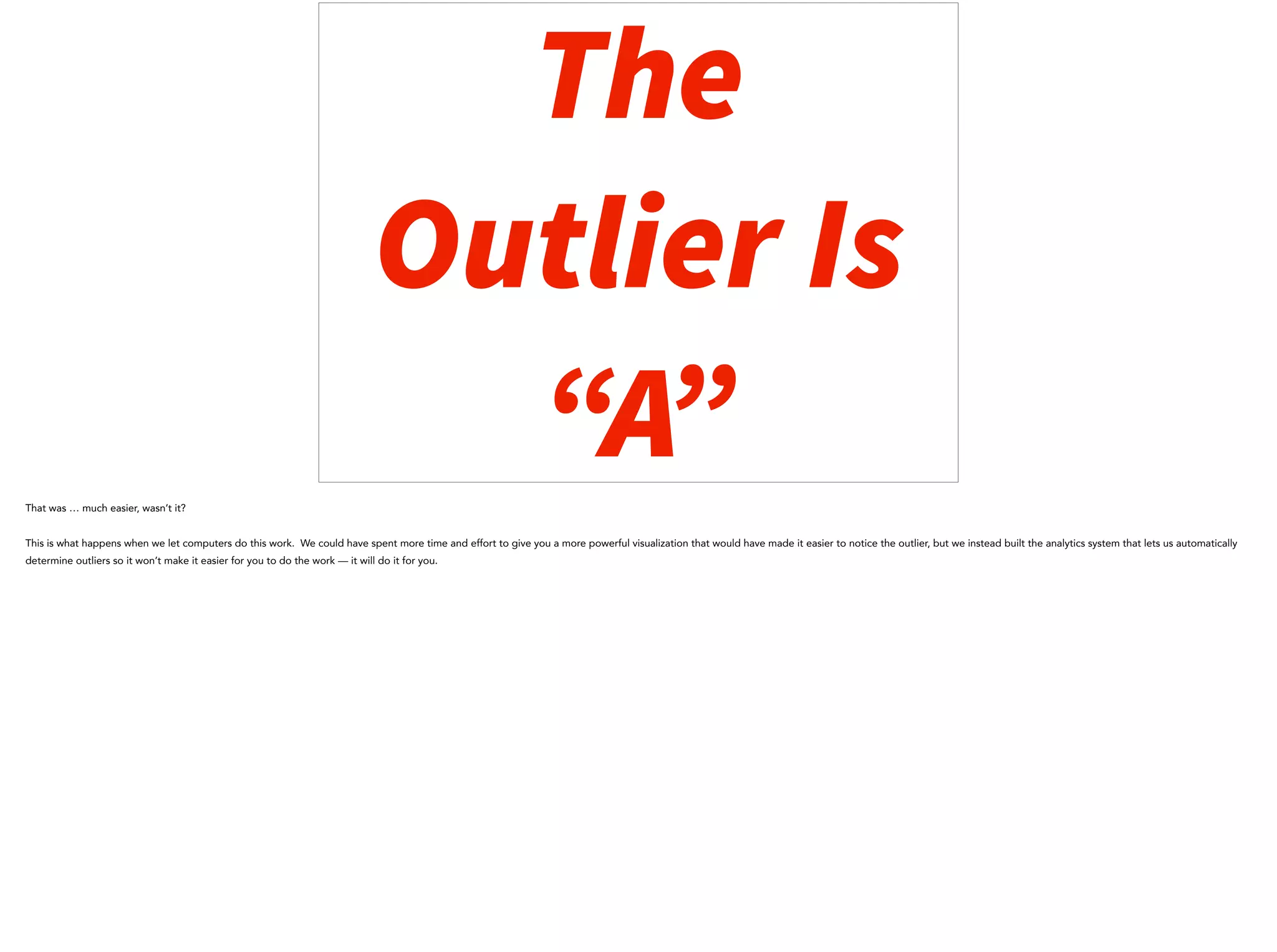 The
Outlier Is
“A”That was … much easier, wasn’t it?
This is what happens when we let computers do this work. We could have spent more time and effort to give you a more powerful visualization that would have made it easier to notice the outlier, but we instead built the analytics system that lets us automatically
determine outliers so it won’t make it easier for you to do the work — it will do it for you.
 