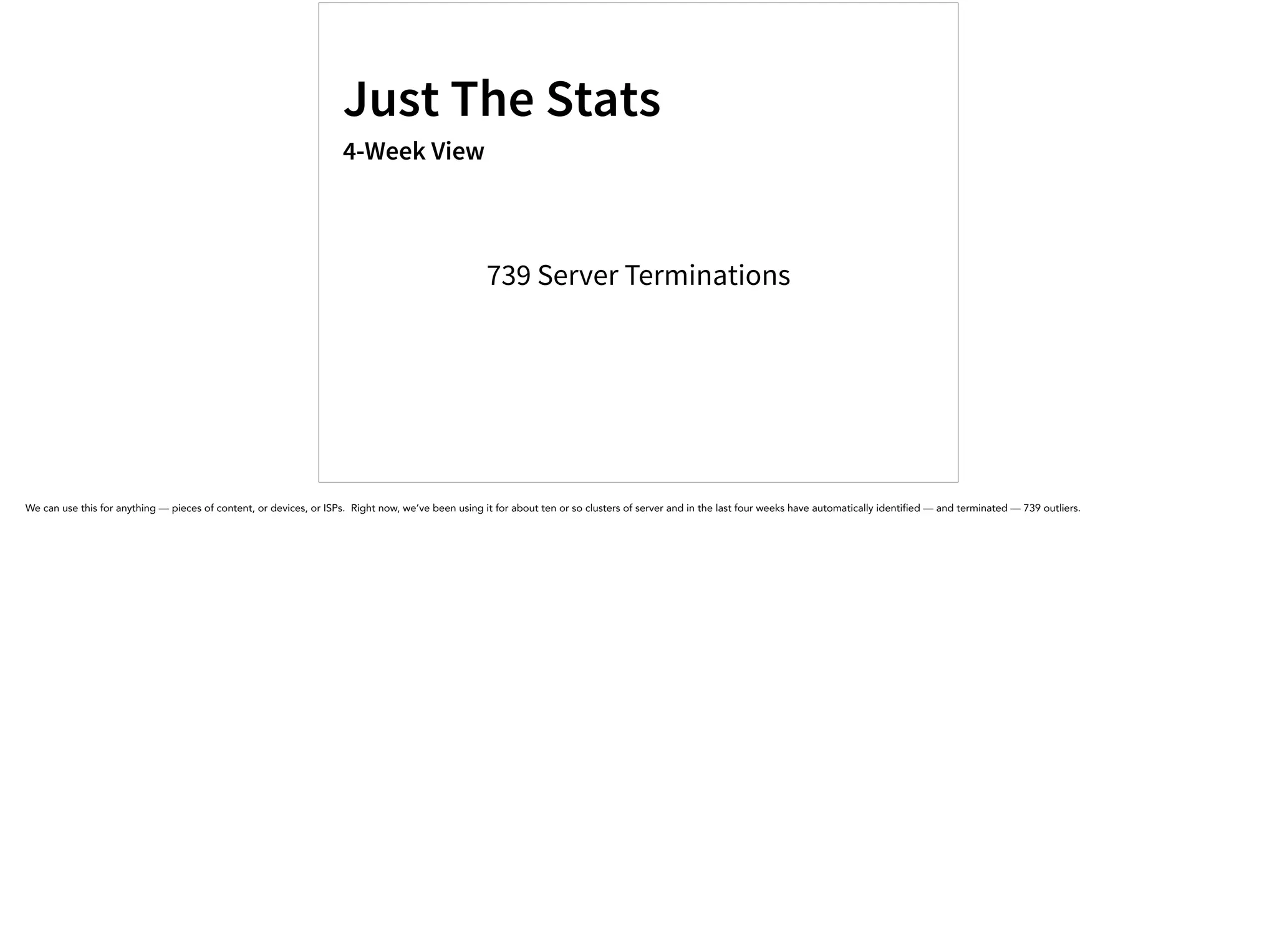 Just The Stats
4-Week View
739 Server Terminations
We can use this for anything — pieces of content, or devices, or ISPs. Right now, we’ve been using it for about ten or so clusters of server and in the last four weeks have automatically identified — and terminated — 739 outliers.
 