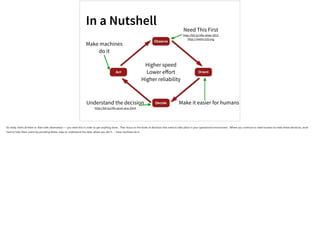 In a Nutshell
Observe
Orient
Decide
Act
Need This First
http://bit.ly/nflx-atlas-2013
http://metrics20.org
Understand the decision
http://bit.ly/nflx-qcon-aca-2014
Make it easier for humans
Make machines 
do it
Higher speed
Lower eﬀort
Higher reliability
So really, that’s all there is: Start with observation — you need this in order to get anything done. Then focus on the kinds of decisions that need to take place in your operational environment. Where you continue to need humans to make these decisions, work
hard to help them orient by providing better ways to understand the data; where you don’t … have machines do it.
 
