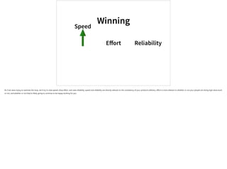 Winning
Speed
Eﬀort Reliability
So if we were trying to optimize the loop, we’d try to raise speed, drop effort, and raise reliability. speed and reliability are directly relevant to the consistency of your product’s delivery; effort is more relevant to whether or not your people are doing high-value work
or not, and whether or not they’re likely going to continue to be happy working for you.
 