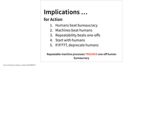 Implications …
for Action
1. Humans beat bureaucracy
2. Machines beat humans
3. Repeatability beats one-oﬀs
4. Start with humans
5. If IFTTT, deprecate humans
Repeatable machine processes TROUNCE one-oﬀ human
bureaucracy
If you’re thinking of creating a runbook, AUTOMATE IT.
 