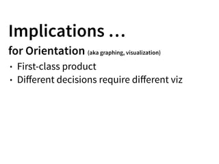 Implications …
for Orientation (aka graphing, visualization)
• First-class product
• Diﬀerent decisions require diﬀerent viz
 