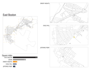 East Boston
Square miles
4.9
2.7
1.1
.7
.4
ORIENT HEIGHTS
ORIENT HEIGHTS
LOGAN
EAST BOSTON
EAGLE HILL
EAGLE HILL
JEFFERIES POINT
JEFFERIES POINT
 
