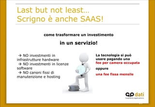 28
La tecnologia si può
usare pagando una
fee per camera occupata
oppure
una fee fissa mensile
come trasformare un investimento
in un servizio!
Last but not least…
Scrigno è anche SAAS!
à NO investmenti in
infrastrutture hardware
à NO investmenti in licenze
software
à NO canoni fissi di
manutenzione e hosting
 
