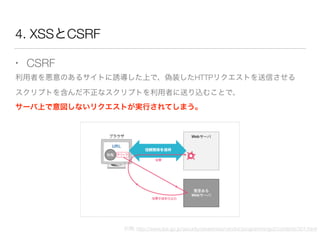 4. XSSとCSRF
• CSRF
利用者を悪意のあるサイトに誘導した上で、偽装したHTTPリクエストを送信させる
スクリプトを含んだ不正なスクリプトを利用者に送り込むことで、
サーバ上で意図しないリクエストが実行されてしまう。
引用: http://www.ipa.go.jp/security/awareness/vendor/programmingv2/contents/301.html
 