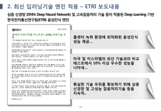 18
2. 최신 딥러닝기술 엔진 적용 – ETRI 보도내용
심층 신경망 (DNN: Deep Neural Network) 및 고속잡음처리 기술 등이 적용된 Deep Learning 기반
한국전자통신연구원(ETRI) 음성인식 엔진
콜센터 녹취 환경에 최적화된 음성인식
성능 제공…
미국 및 이스라엘의 외산 기술과의 비교
테스트에서 10% 이상 우수한 성능을
나타내…
확실한 기술 우위를 확보하기 위해 심층
신경망 및 고성능 잡음처리기술 등을
지속적..
 