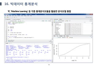 66
16. 빅데이터 통계분석
‘R’, ‘Machine Learning’ 등 각종 통계분석모듈을 활용한 분석모델 통합
 