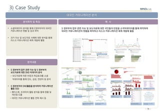 - 76 -
분석목적 및 특징
분석내용
예 시
대국민 커뮤니케이션 분석
• S 정부부처 업무 관련 이슈 및 S 정부부처
보도자료에 대한 SNS 빅데이터 분석
- 보도자료에 따른 반응과 파급효과를 소셜
빅데이터를 통해 빈도, 감성, 연관어 등 분석
• S 정부부처의 SNS활동을 분석하여 커뮤니케이션
활동 진단
- 페이스북, 트위터의 활동 분석을 통해 현황 및
개선점 도출
- 대국민 커뮤니케이션 활동 전략 제시 등
• 소셜빅데이터 분석을 통해 E정부부처의 대국민
커뮤니케이션 현황 및 성과 파악
• 과거 이슈 및 보도자료 사례에 대한 분석을 통해
리스크 커뮤니케이션 체계 개발에 활용
S 정부부처 업무 관련 이슈 및 보도자료에 대한 국민들의 반응을 소셕빅데이터를 통해 파악하여
대국민 커뮤니케이션의 현황을 파악하고 리스크 커뮤니케이션 체계 개발에 활용
3) Case Study
 