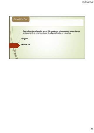 16/06/2015
3
Equipe
Integrante: Felipe Muniz
Função: Auxiliar ADM
/Controladoria
Integrante: Geneci dos Santos C. B.
Função: Secretária Executiva
Integrante: Adair L. Sulzbacher
Função: Engenheiro Agrícola
STK Tecnologia em Consultoria na Gestão de Portfólio, foi fundada em
29 de maio de 2015, pelos seus cinco sócios proprietários, os quais
detectaram nesta data que existiam grandes lacunas no mercado de
trabalho, exigindo grandes empresas de Gestão PMO, que atuassem
com Tecnologia embarcada, buscando indicadores precisos e
detalhados, porém com um curto espaço de tempo, se adaptando assim
às rápidas mudanças exigidas no mercado corporativo.
A empresa tem como base seu grupo de Engenheiros
multidisciplinares e uma economista como Controler. Temos como Maior
Projeto executado a implantação do PMO no País de lisarB, onde
ganhamos com facilidade a concorrência entre vários grupos existentes
naquele momento.
Nossa meta não é só aplicar as praticas existentes e conceituadas de
planejamento de Portfólio e Projetos, mas sim garantir que todos os
trabalhos implantados sejam executados exatamente dentro do
planejamento estratégico solicitado pelos nossos clientes, aplicando
tecnologia e inovação.
Quem é a STK ?
 